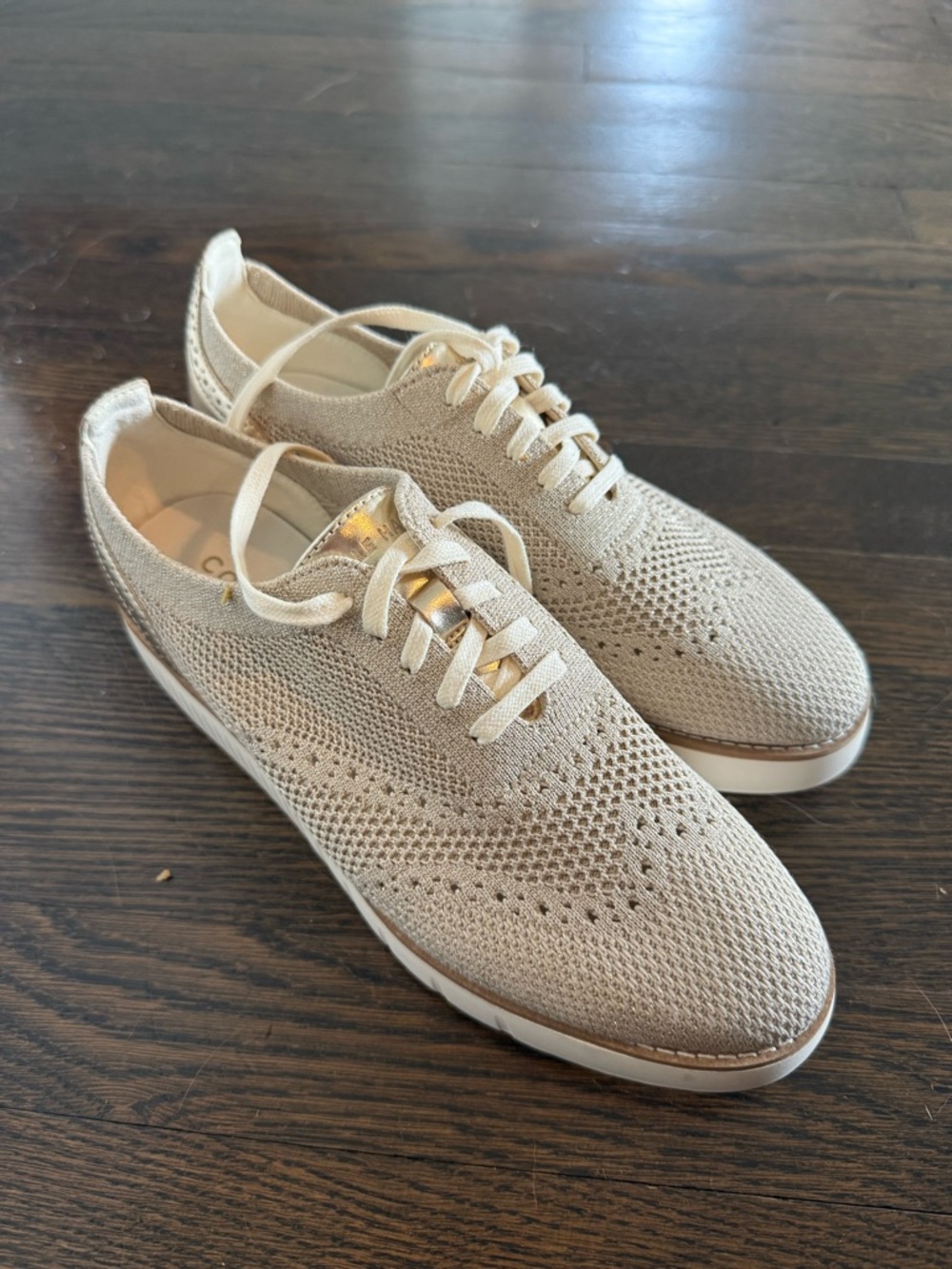 Cole Haan Women's Knit Athletic Sneakers in Beige with Gold Accents
